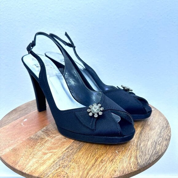 Stuart Weitzman Black Satin Y2K Bejeweled Peeptoe Platform Slingback Heels 8W - Picture 1 of 9